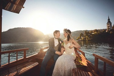 happy newlyweds in boat