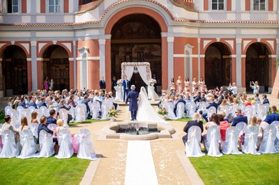 Father Escorting Bride To The Floral Arch At The Ledebour Garden, Prague