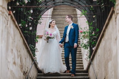 newlyweds exploring garden