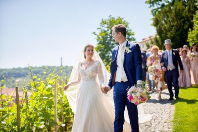 newlyweds walk through vineyards at Villa Richter