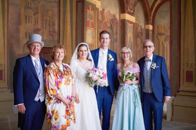 Newlyweds and parents pose for the family photo at the Ledebour Garden