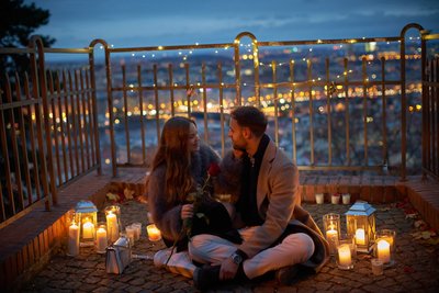 Romantic Prague Marriage Proposal at Night Overlooking City