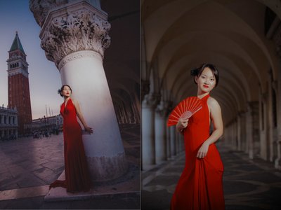 Thai Woman In Stylish Red Dress Posing In Venice