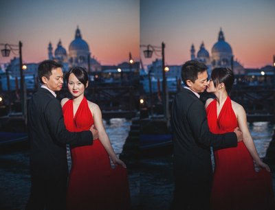 Thai Couple Embracing Near Gondola at Sunset in Venice