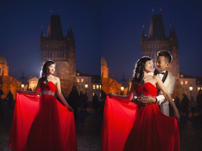 Elegant Hong Kong Couple Posing Atop Charles Bridge at Night