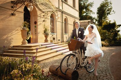 Chateau Mcely Newlyweds Enjoying Bikes on Wedding Day