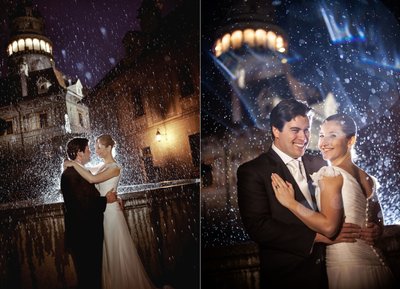 Newlyweds in pouring rain Cesky Krumlov wedding