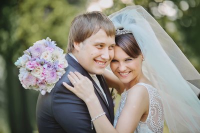 Happy Newlyweds in garden