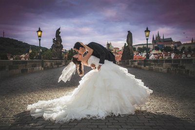 Cinematic, Dramatic, Newlyweds Kiss in Prague