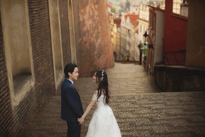Happy Groom & Bride Castle Steps