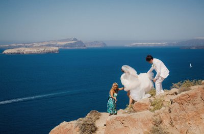 Santorini Newlyweds Location Scouting atop cliffs