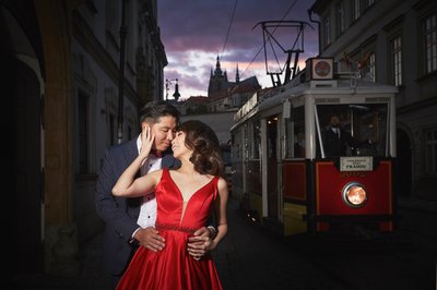 Lovers with the Historical Tram in Mala Strana