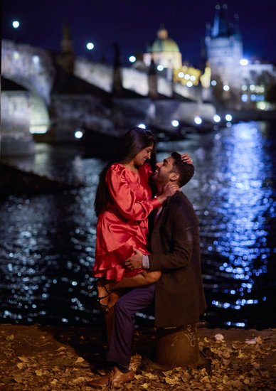 Gorgeous Indian woman caresses her fiancee in Prague