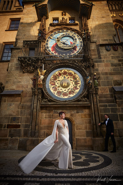 American Bride Wearing a Berta dress at Astronomical Clock