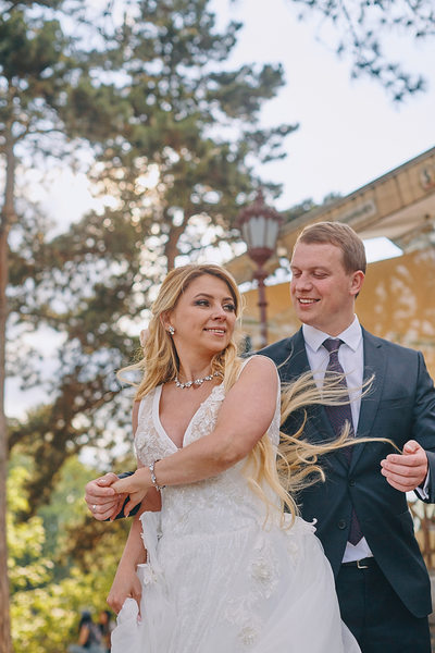 Newlyweds practice their first dance above Prague