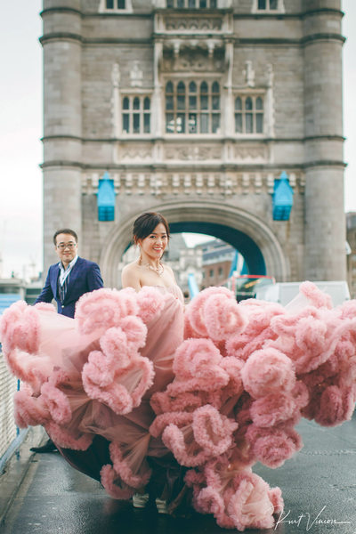 Woman in Pink Dress walking on London Tower Bridge