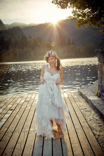 Radiant bride in the Golden Light Lake Bled Slovenia