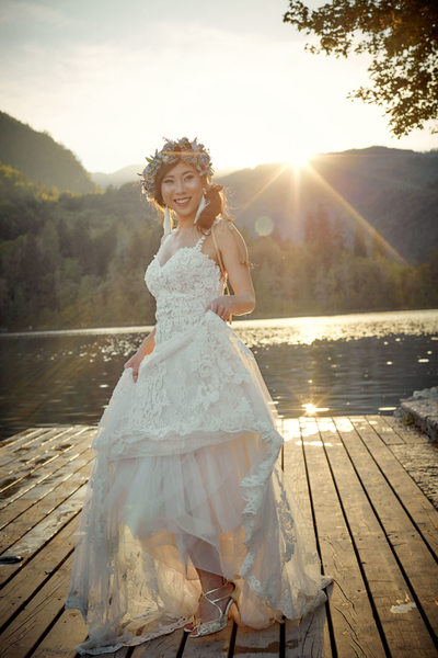 happy bride in the summer sunshine Lake Bled Wedding