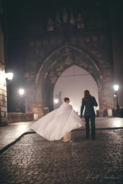 Berta wedding dress & cape Charles Bridge Prague 