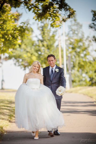 newlyweds stroll through castle