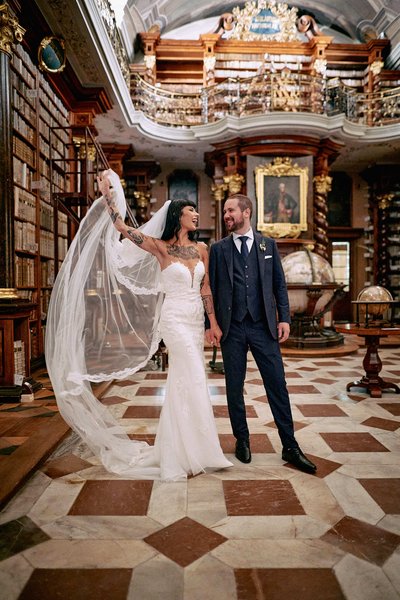 Happy Bride flailing her Veil Baroque Library