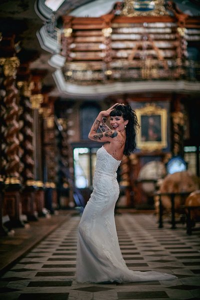 Sexy Bride Posing in LIbrary