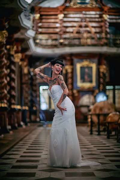 Laughing Bride Trying new poses in Library