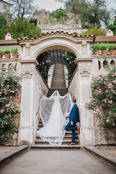 Bride Showcasing Her Wedding Dress Ledebour Garden Prague