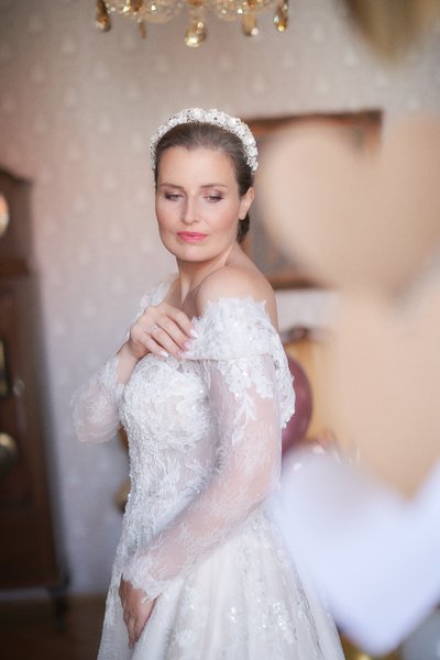 Bride showcasing her wedding dress at Hotel Constance in Prague