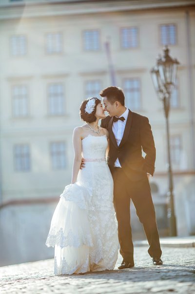 Hong Kong Newlyweds Embracing at Prague Castle