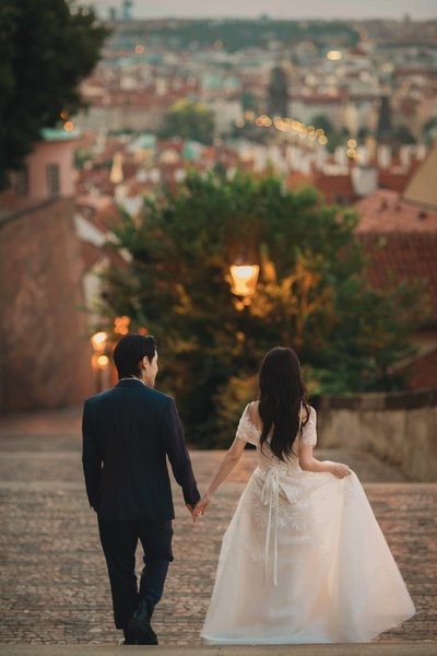 Newlyweds atop Castle Steps