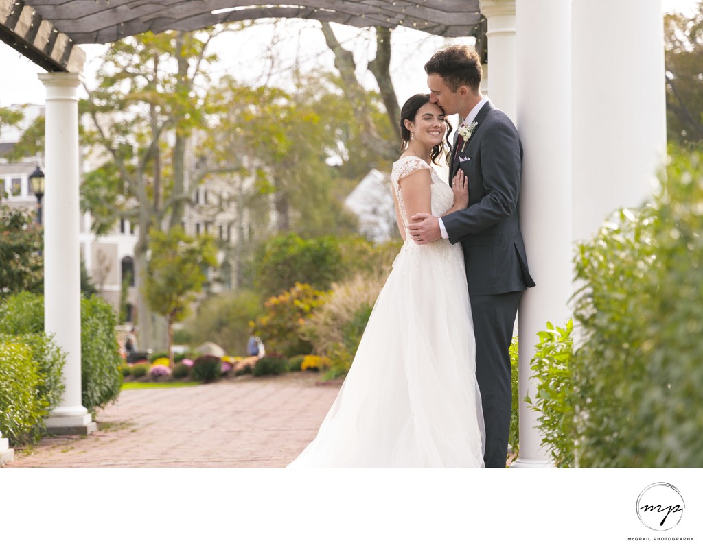 Newlyweds Embracing at Brewster's Garden in Plymouth MA