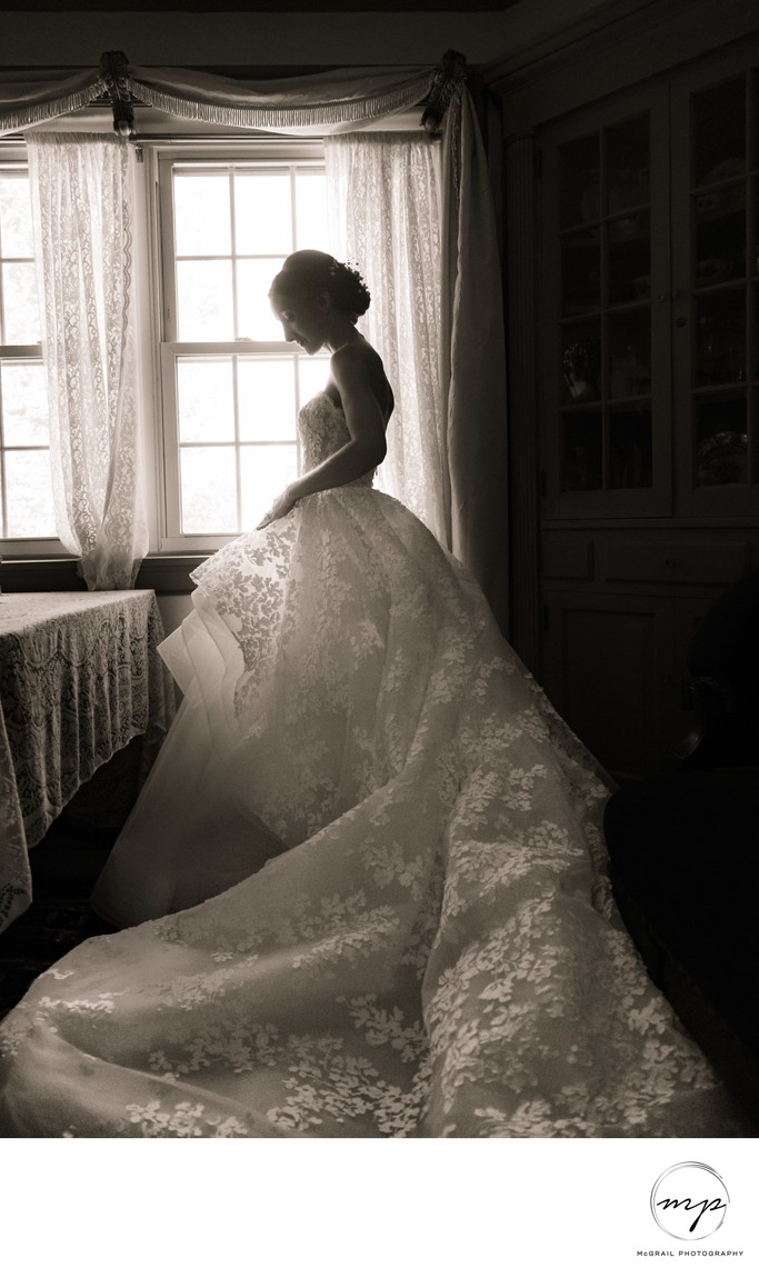 black and white stunning wedding dress bride portrait 