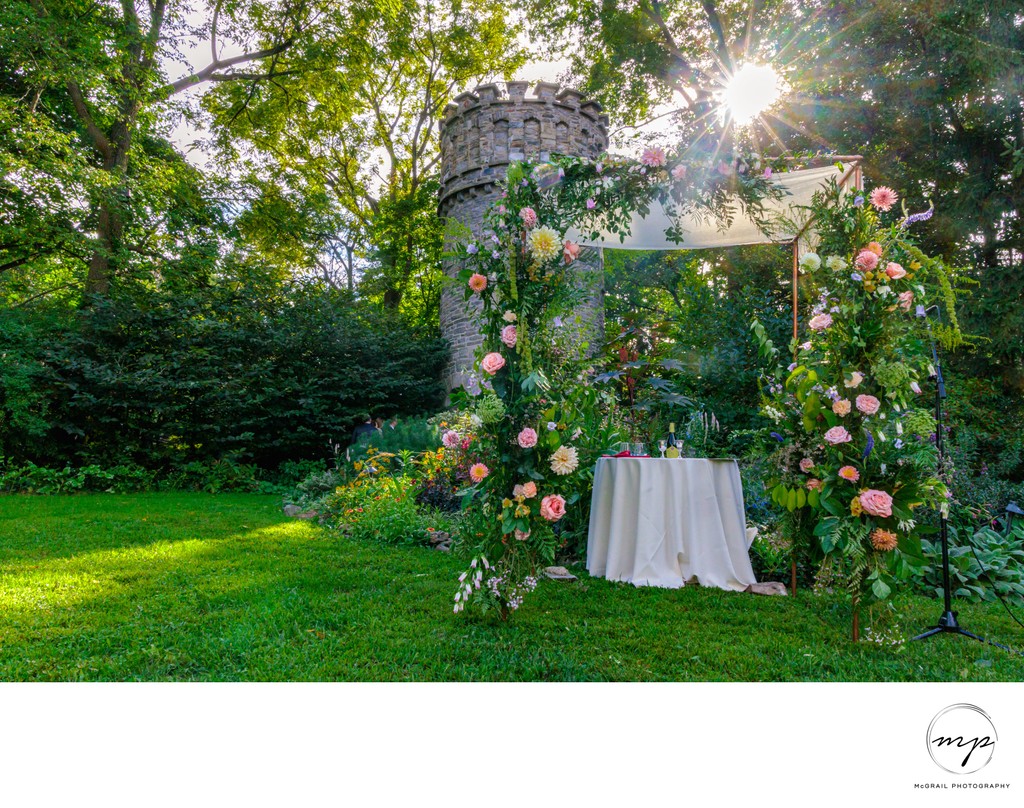 whimsical inspired flower wedding altar on estate