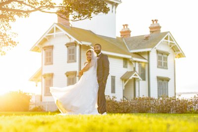 wedding portrait of couple at charming, rustic cottage