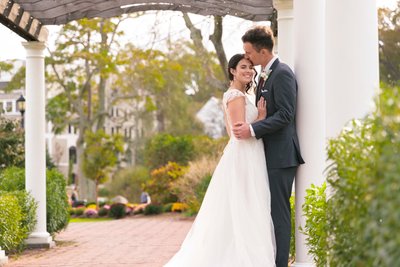 Newlyweds Embracing at Brewster's Garden in Plymouth MA