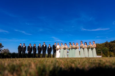 Bridal Party Posing Under  Blue Sky on Mountain top 