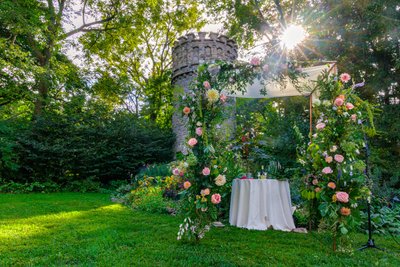 whimsical inspired flower wedding altar on estate