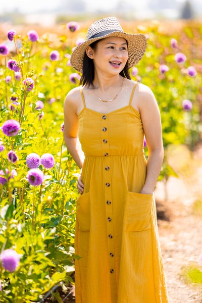 Sunny Garden: Woman in Yellow Dress and Straw Hat