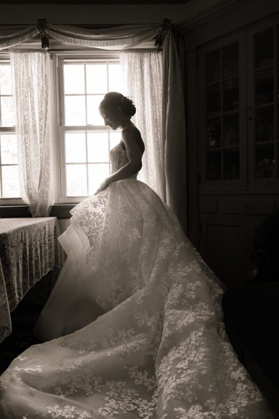 black and white stunning wedding dress bride portrait 