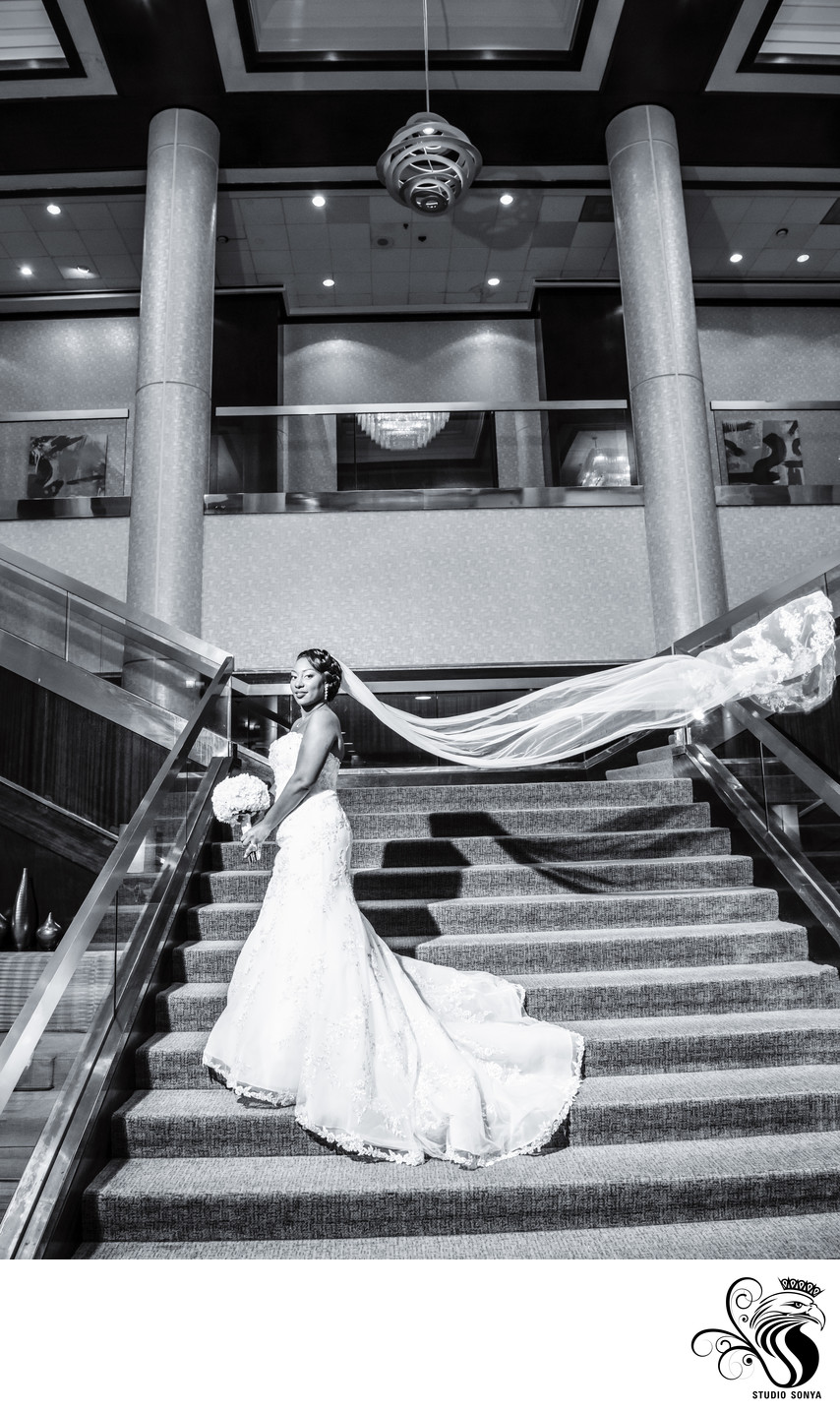 Bride on Grand Staircase, Greensboro Marriott Downtown