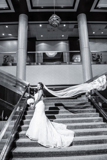 Bride on Grand Staircase, Greensboro Marriott Downtown