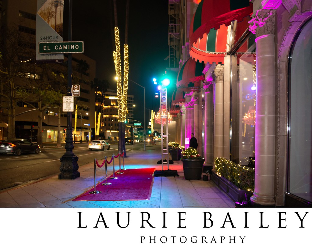Red carpet setup outside the Beverly Wilshire Hotel in Beverly Hills.
