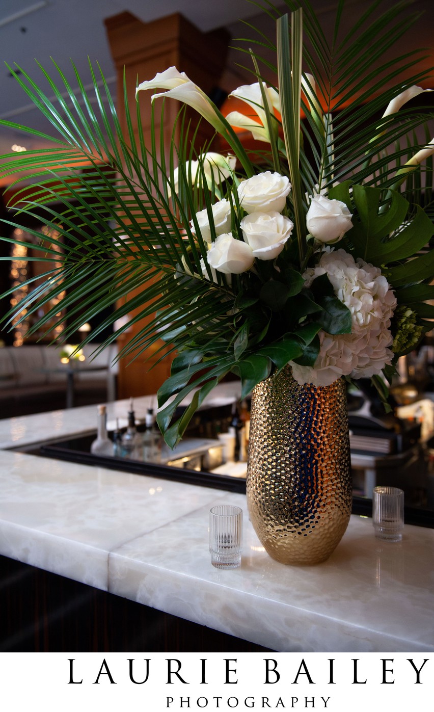 White florals and greenery add polish to a Beverly Hills corporate event