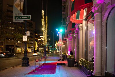 Red carpet setup outside the Beverly Wilshire Hotel in Beverly Hills.

