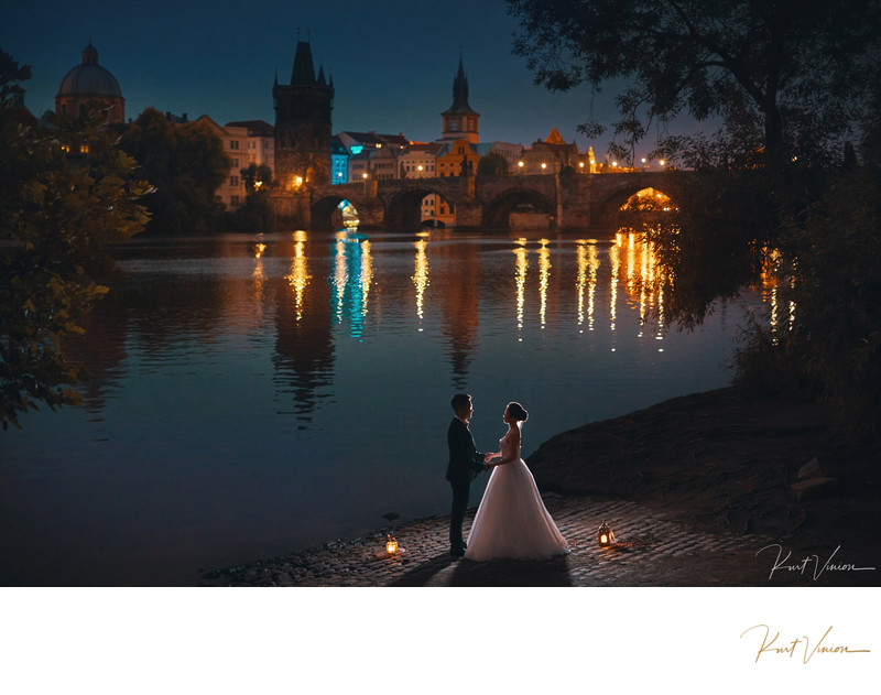Fine art wedding portrait Prague Charles Bridge photo