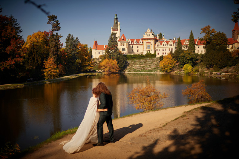 Enjoying the view of Castle Pruhonice post wedding