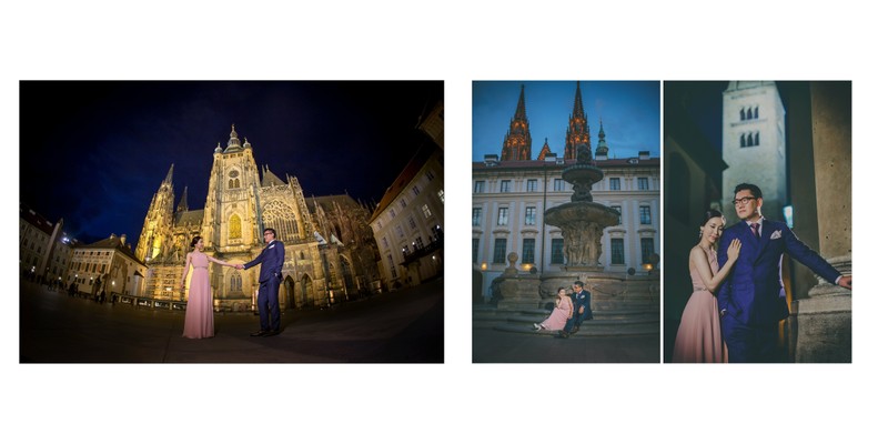 Elegant couple at Prague Castle at Night