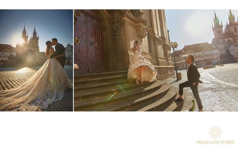 bride & groom sunrise portraits Prague Old Town