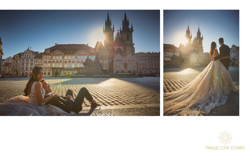 bride & groom watching the sunrise Prague Old Town